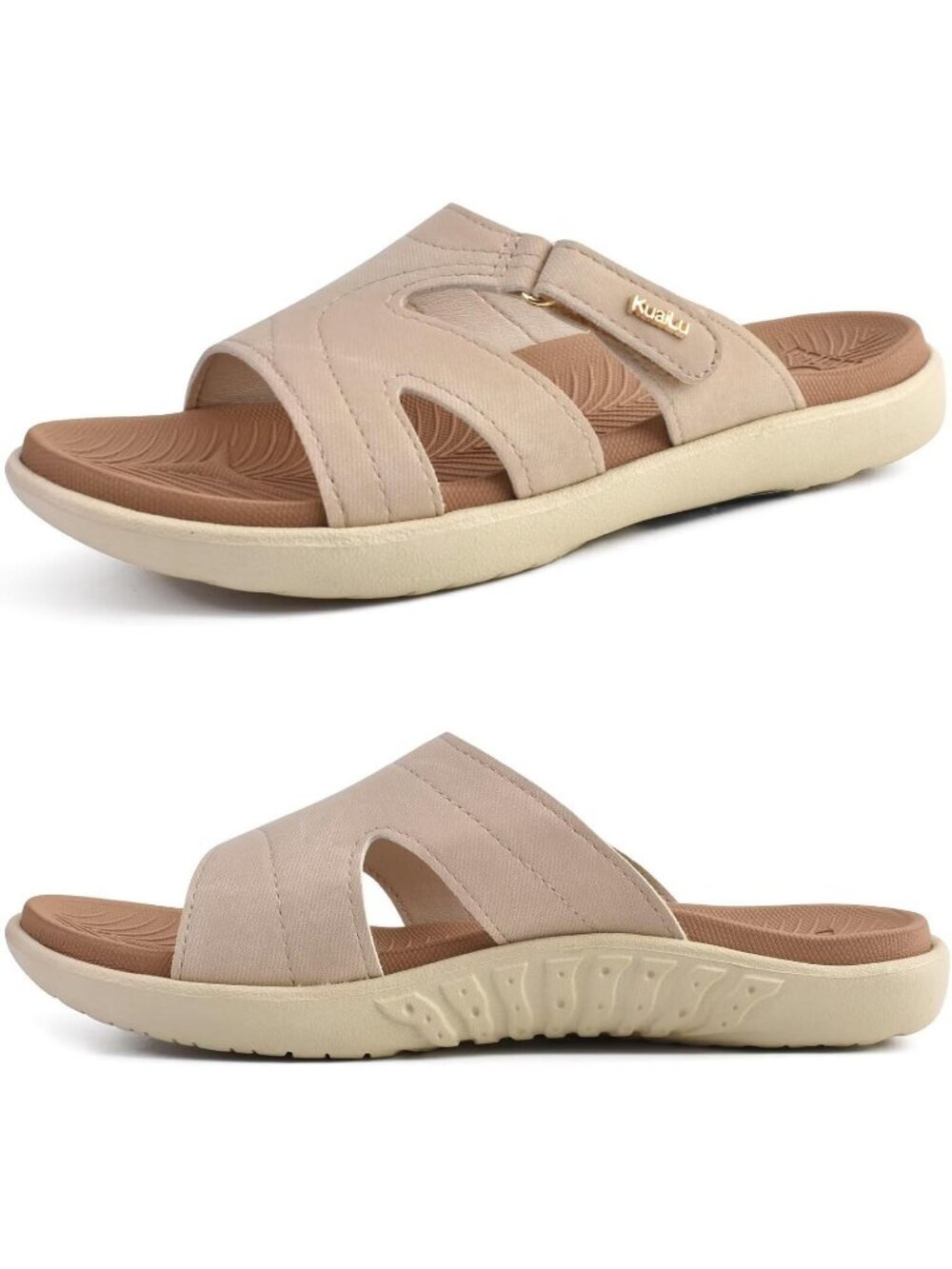 Women's Tan And Beige Orthotic Slides Athletic Yoga Mat Memory Foam Sandal Shoes